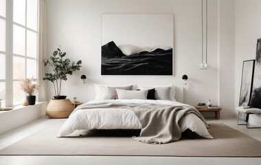 Modern beadroom features a white bed with black pillows and a matching blanket, against a pristine white wall with an abstract art poster
