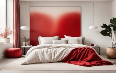 Modern beadroom features a red bed with white pillows and a matching blanket, against a pristine white wall with an abstract art poster