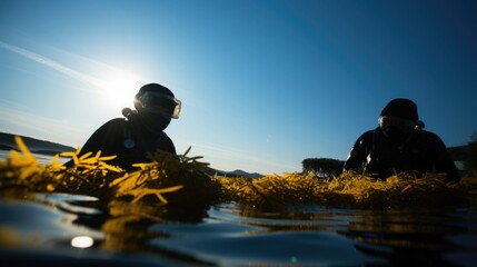 Divers underwater at a seaweed farm, inspecting and maintaining the floating rows of kelp - obrazy, fototapety, plakaty