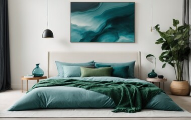 Modern beadroom features a blue bed with green pillows and a matching blanket, against a pristine white wall with an abstract art poster 