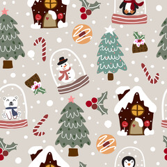 Seamless Christmas pattern with Christmas tree, teddy bear, penguin, snowman, cookies, cake, bread house, holly on a light brown background. Use for wallpaper, textiles and prints.