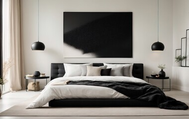 Modern beadroom features a black bed with white pillows and a matching blanket, against a pristine white wall with an abstract art poster
