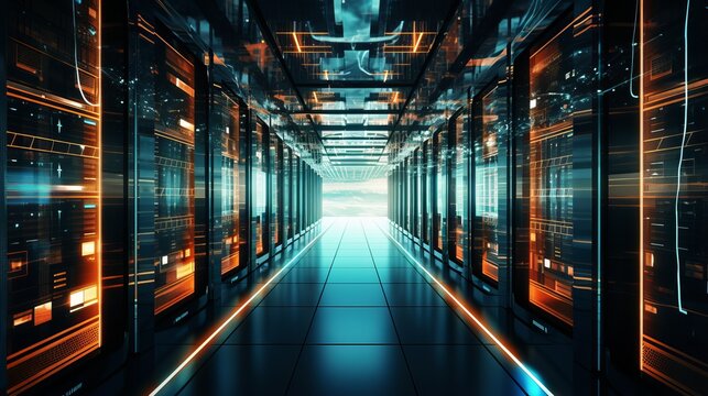 Busy Data Center Corridor: Rack Servers, Supercomputers, and Internet Visualization Projection in Action