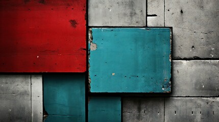 Urban Canvas: Bold Red and Teal Blocks Juxtaposed Against Stark Concrete Geometry