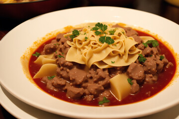 Russian cuisine. Meat dumplings stuffed with vegetables and sour cream. Pancakes with minced meat and vegetables. Generative AI