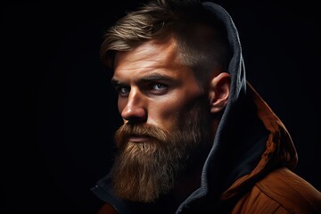 Fototapeta premium background dark man bearded brutal serious image Closeup beard moustache barbershop red face young guy hipster fashion stylish attractive photogenic model beauty razor unshaved black turtleneck