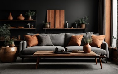 Farmhouse home interior design showcases a rustic touch with a barn wood coffee table placed near a grey sofa adorned with terra cotta pillows