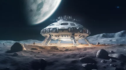 Fotobehang Moon Landing: Futuristic Spaceship Touches Down on Lunar Surface, Sci-Fi Space Expedition and Exploration Concept - AI Generative Image © Nazia