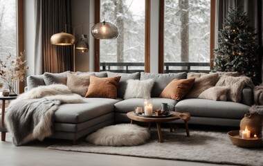 Comfortable grey corner sofa with numerous pillows and soft fur blankets. Creates a warm and welcoming winter ambiance. Modern living room design with a Nordic, Scandinavian touch, located in a forest