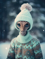 Alien in winter apparel amidst snow. Festive fantasy creature enjoys winter.