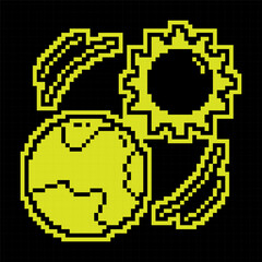 Sun shines on planet Earth Pixel silhouette icon. Changing seasons on planet. Global warming. Increase in ambient temperature. Simple black and yellow vector