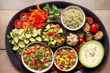 Vegetarian cuisine. Tasty Couscous with vegetables and spices in bowls on wooden table, Bowls of healthy vegetarian lentil salad , Generative AI