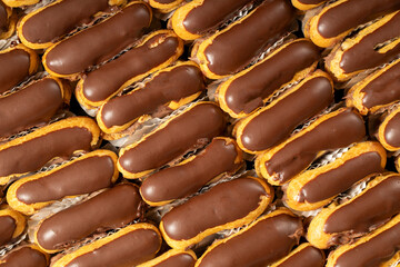 Eclair cake. Chocolate and cream eclair cake. Close up