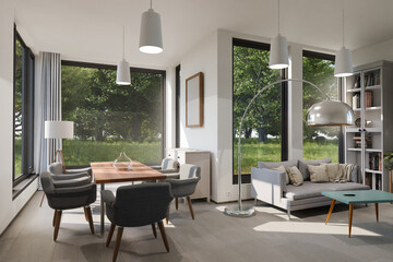 comfortable and modern dining and living room interior; rural design; bright sunlightl in ; 3D rendering