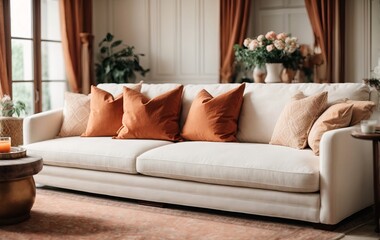 Stunning fabric sofa with white and terra cotta pillows takes center stage, adding intricate details to the French country home interior design