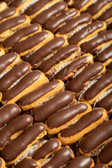 Eclair cake. Chocolate and cream eclair cake. Close up