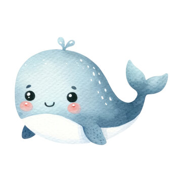 Watercolor Cute Water Animal. Adorable Whale Clipart. Sea Animal Concept. Watercolor Aquatic Animal Illustration.