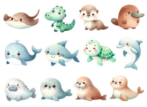 Watercolor Cute Water Animals Set. Set of Adorable Sea Animals Clipart. Watercolor Aquatic Animal Illustrations.