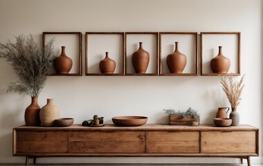 Rustic wooden sideboard is mounted on the wall. Clay vases and three poster frames decorate the white wall, creating a farmhouse interior design