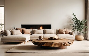 Fototapeta na wymiar Room with a wood slab coffee table, beige pillow sofa, and fireplace. The white wall provides copy space, creating a cozy Scandinavian atmosphere