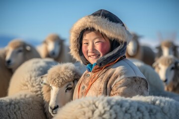 Mongolian girl with sheeps animal. Winter asia mongolia cute female. Generate Ai - obrazy, fototapety, plakaty