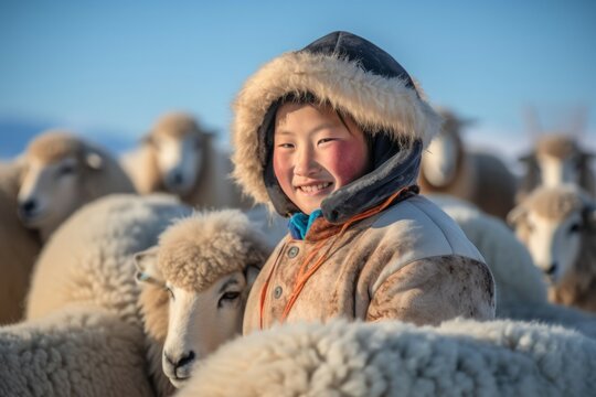 Mongolian girl with sheeps animal. Winter asia mongolia cute female. Generate Ai