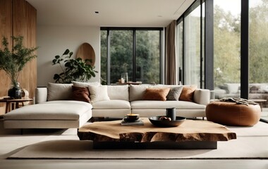Fototapeta premium Minimalist Scandinavian interior design with a live edge coffee table positioned near a white sofa, which is placed against a floor to ceiling window