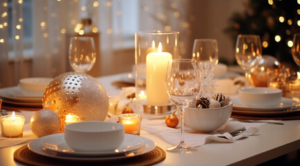 Obraz na płótnie Canvas Festive table setting with candles and Christmas decor in room, closeup