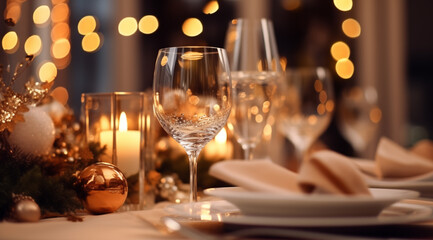 Beautiful table setting for Christmas dinner in restaurant, closeup view