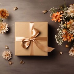 Realistic beautifully wrapped gift lying on the table, top view with copy space