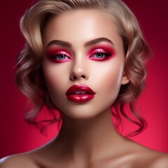 Fototapeta premium Valentine Heart Kiss on the Lips. Makeup. Beauty Sexy Lips with Heart Shape paint. Valentines Day. Beautiful Love Make-up. Wide screen
