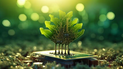 Green Computing: Tree Rooted in Circuit Board, Wireframe Network Background - Eco-Friendly IT, CSR, and Ethics Concept