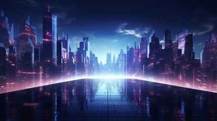 Vibrant Urban Cityscape with Neon Lights: Modern Hi-Tech Futuristic Architecture, Science and Technology Concept