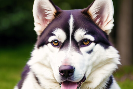 Portrait of a beautiful Alaskan husky dog in the park. Siberian Husky dog with blue eyes in winter forest.  Generative AI