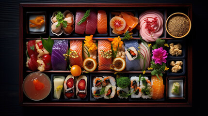 Fototapeta premium Variety Food in a Bento Box Unveiling the Timeless Artistry of Traditional and Tasty Japanese