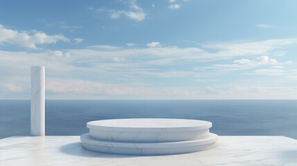 Fototapeta na wymiar Ocean-Inspired White Marble Podium: Elegant 3D Rendered Platform with Sky Horizon Background