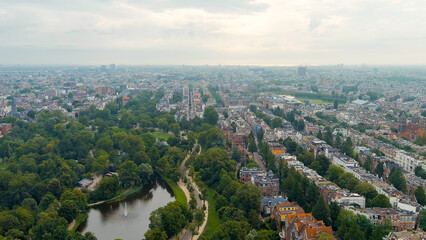 Amsterdam, Netherlands. Vondelpark. Panoramic view of the city in summer in cloudy weather, Aerial View