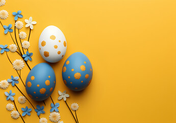 Colorful easter background with painted and decorated easter eggs and copy space - obrazy, fototapety, plakaty