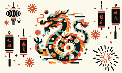 2024 New year, Year of dragon, Flat minimal design, Zodiac, Logo, Illustration, Poster 