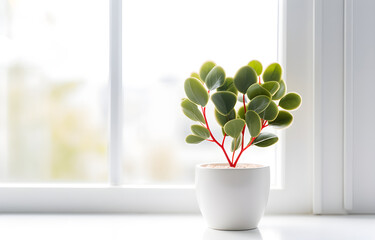 Green home plant on white pot on white wooden table over blurred