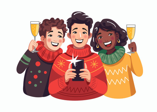 Friends in Christmas sweaters take selfies. People drink champagne and take photos on their smartphone. Cartoon, flat vector
