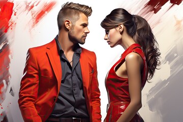 other each looking woman man fashion casual male guy boy girl young female model attire dress suit shirt smart white pose look coiffure hair style latin attractive brunette make-up make up beauty - obrazy, fototapety, plakaty