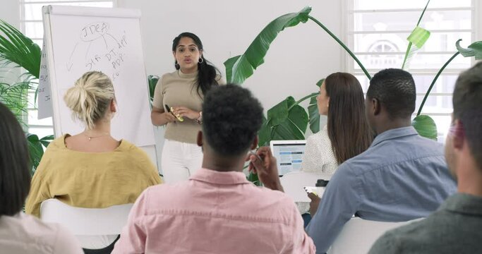 Creative woman, whiteboard and writing in presentation, meeting or coaching team at office. Female person or business mentor training staff or employees in discussion, speech or startup at workplace