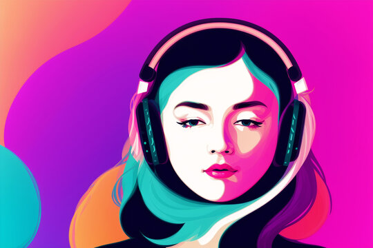 A young woman in the headphones. A Woman's Journey of Musical Bliss through Headphones. Copy space. Generative AI