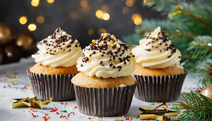 Festive New Year's Eve Cupcakes adorned with Vanilla and Chocolate Frosting, Topped with Decorative Sprinkles