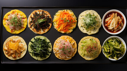 Tasty Jeon Pancakes Infused with an Eclectic Variety of Fresh and Colorful Vegetables - obrazy, fototapety, plakaty