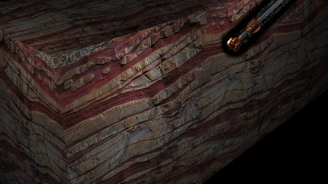 Drilling down hole 3D animation view showing drill bit penetrating reservoir rock with drill cutting flowing out through annulus