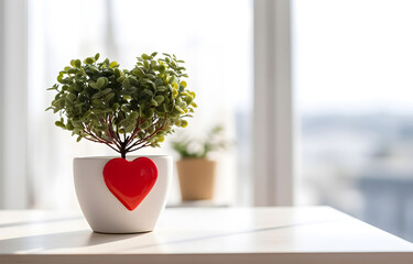 Heart shape plant on white wooden table over blurred white windo