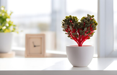 Heart shape plant on white wooden table over blurred white windo