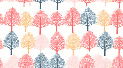 risograph-style prints featuring stylized trees on vibrant, multicolored backgrounds, seamless pattern